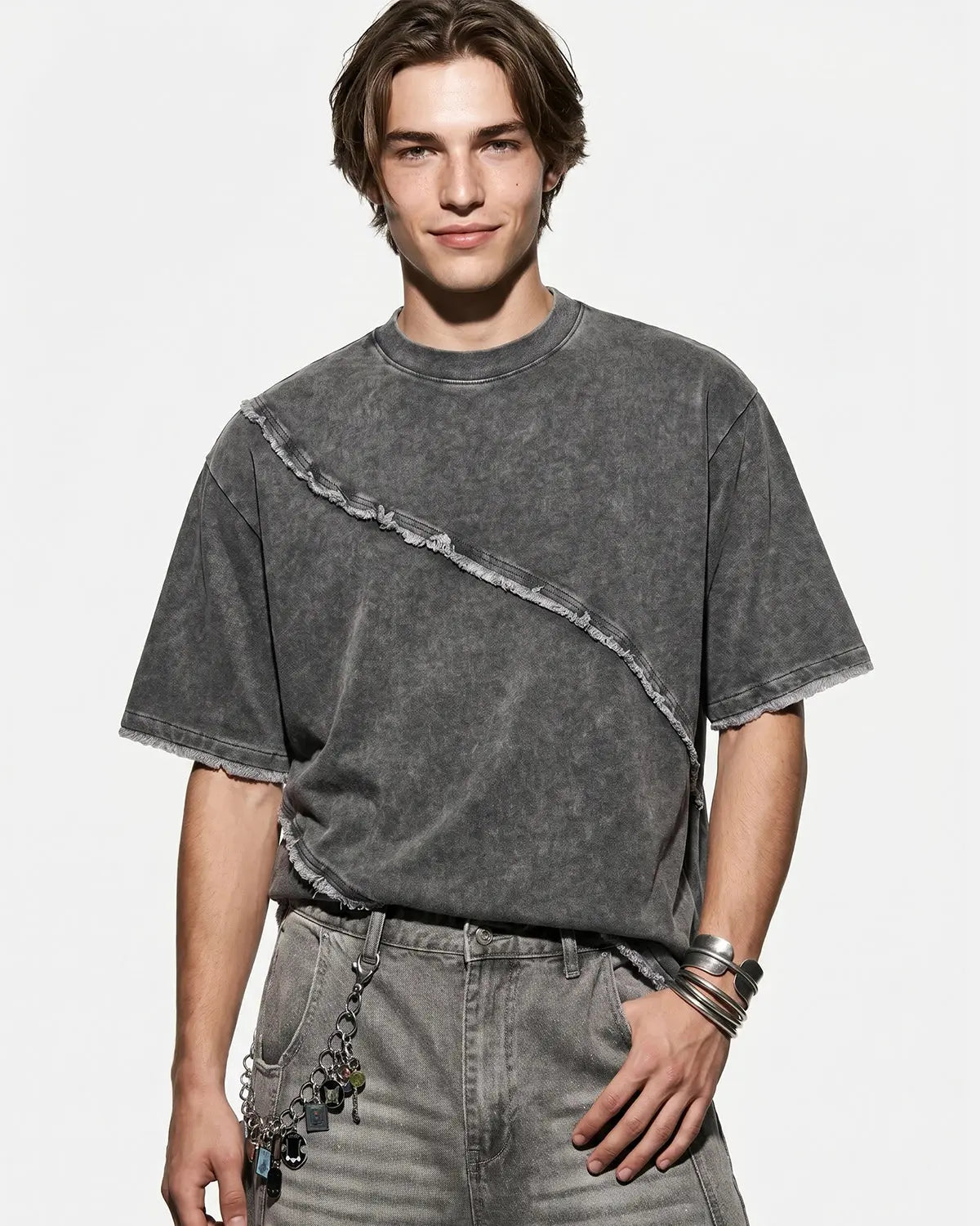 Raw edge deconstructed T-shirt by INFLATION, stylish streetwear with distressed details and casual fit.