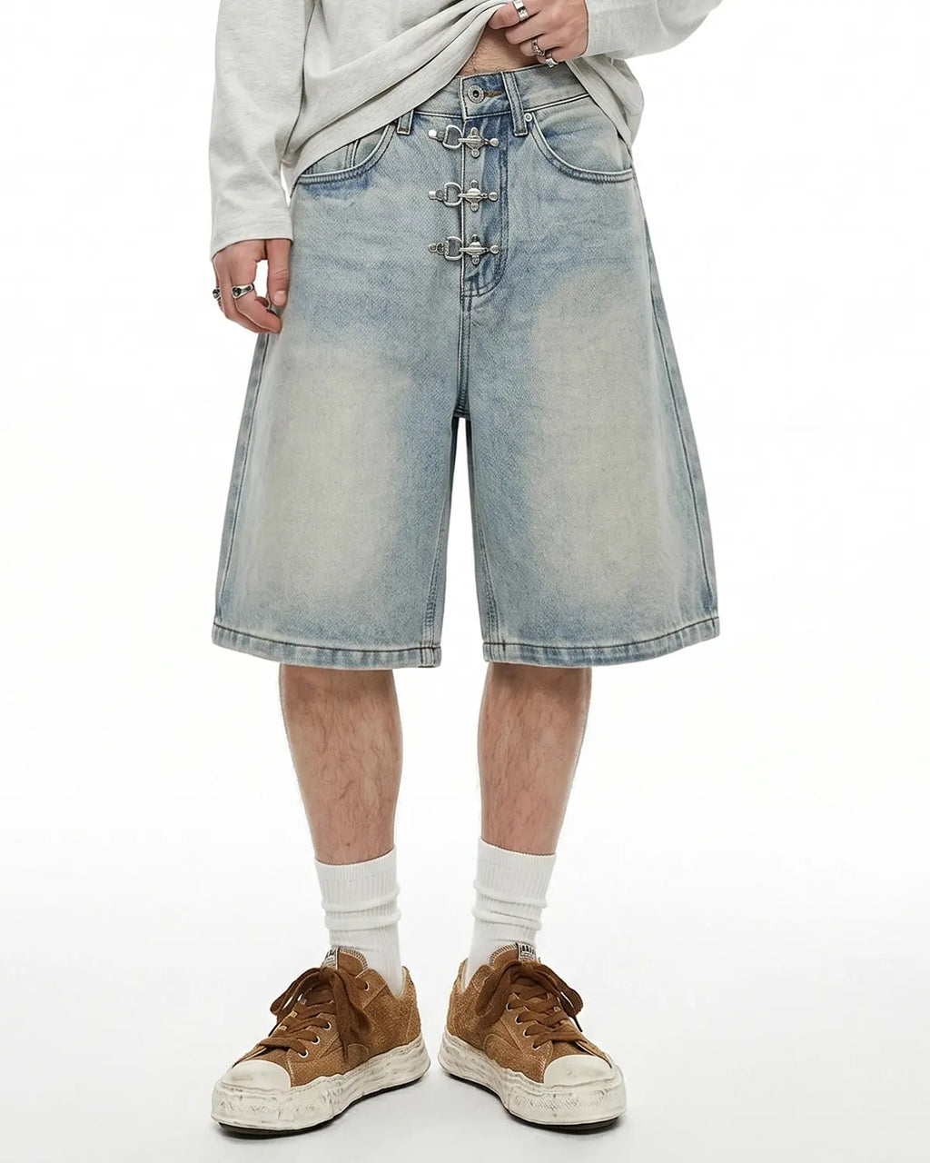 Inflation Streetwear metal clasp baggy jorts, casual denim shorts with metal buckle detail, relaxed fit and distressed design.