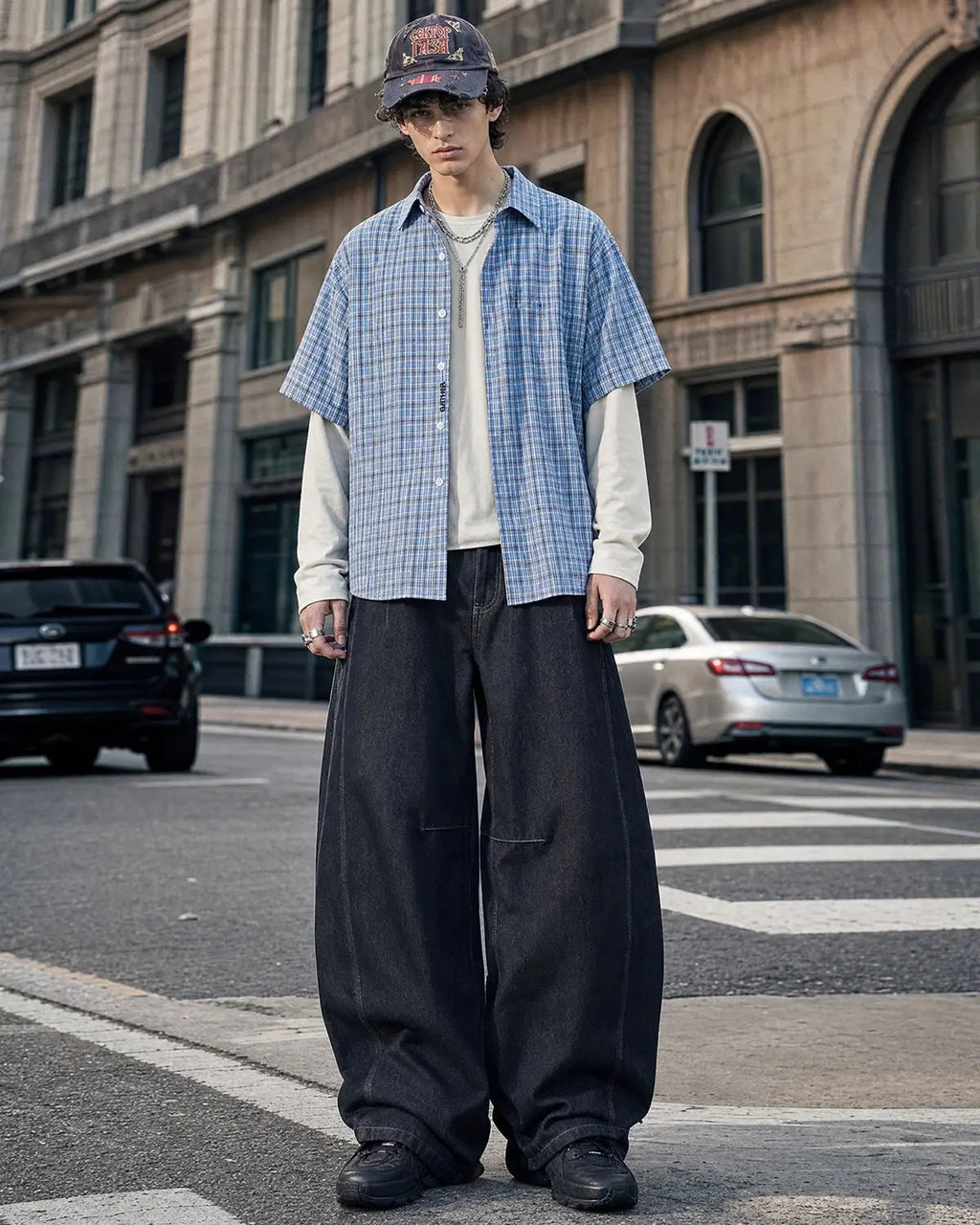 Flation Raw Color Barrel Baggy Jeans pants showing relaxed fit, raw color denim, and baggy style with visible stitching and pockets.