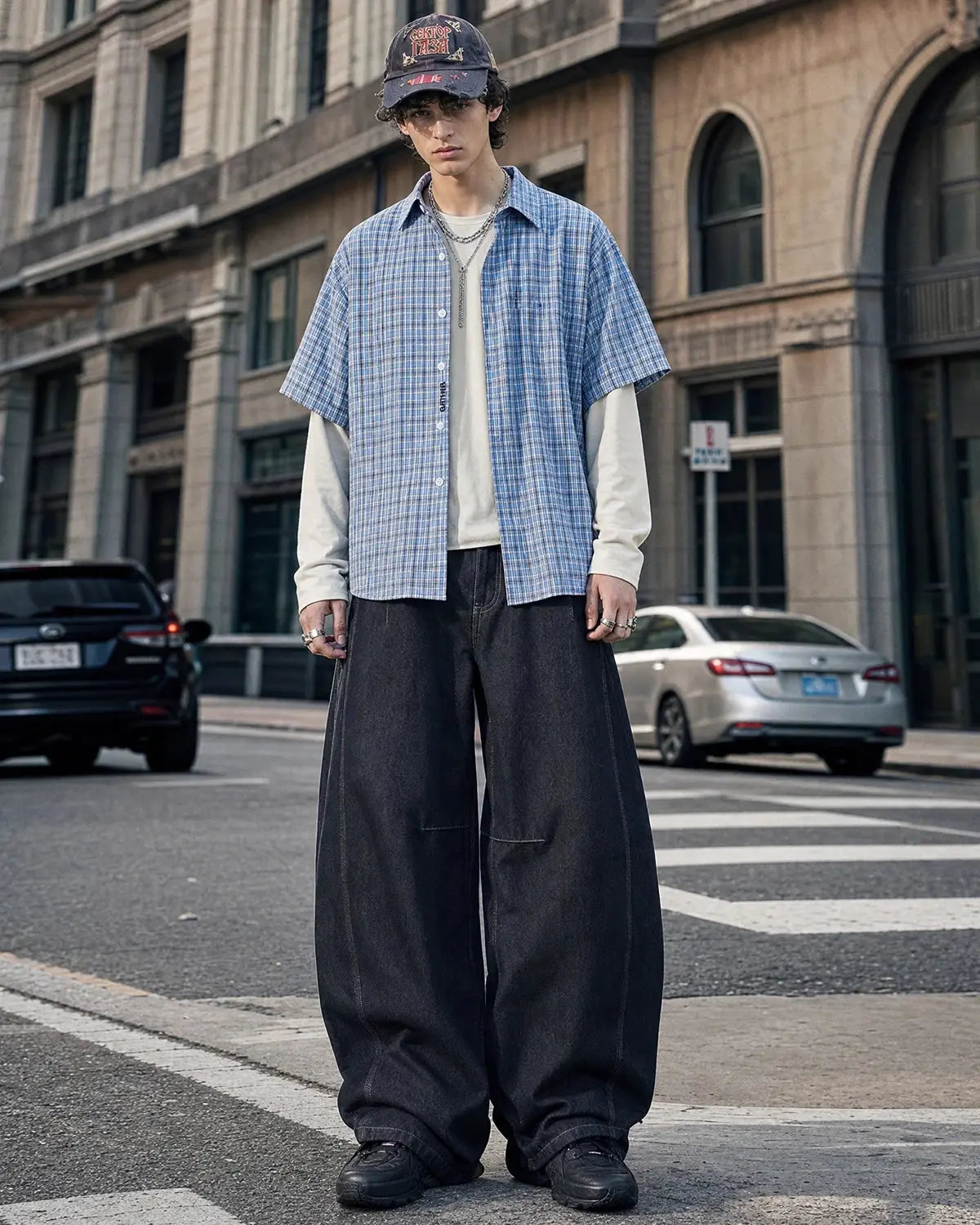 Flation Raw Color Barrel Baggy Jeans pants showing relaxed fit, raw color denim, and baggy style with visible stitching and pockets.