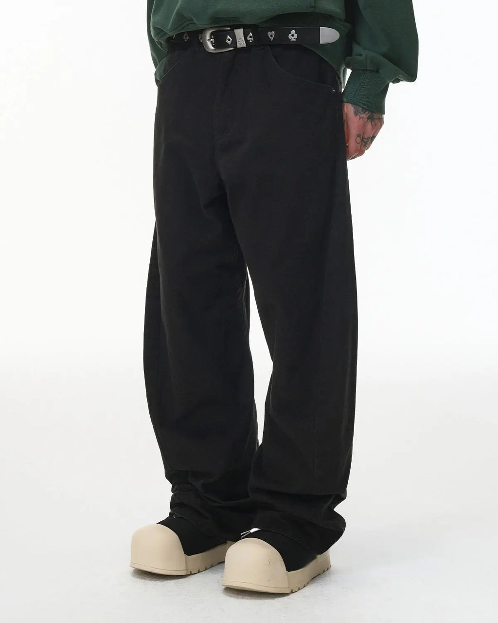 Flation Stitching Flare Baggy Jeans showing high-waisted fit, distressed detailing, and relaxed flare silhouette.
