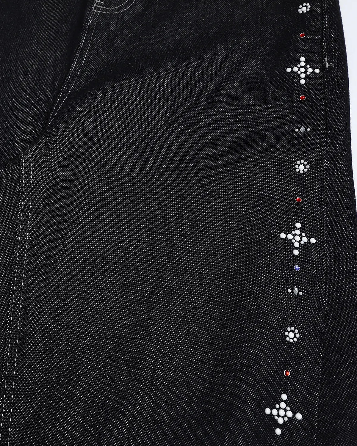 Inflation streetwear studded rhinestone baggy denim jeans with a relaxed fit and embellished details, casual and trendy for street style.