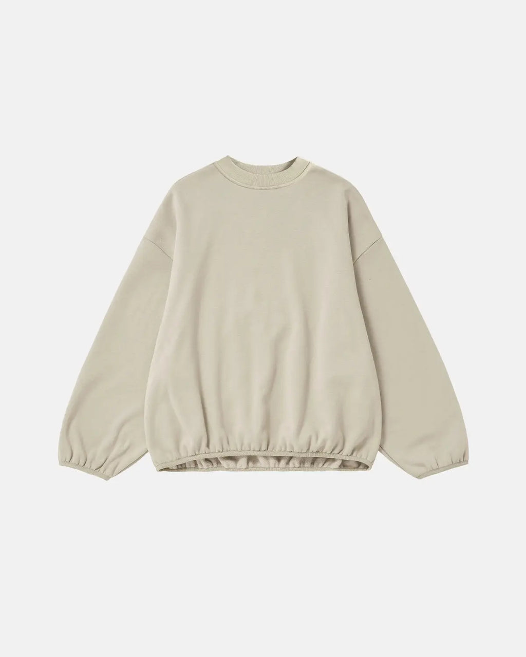 Flation premium boxy crewneck sweatshirt in neutral color, showing a close-up of the soft fabric and relaxed fit.