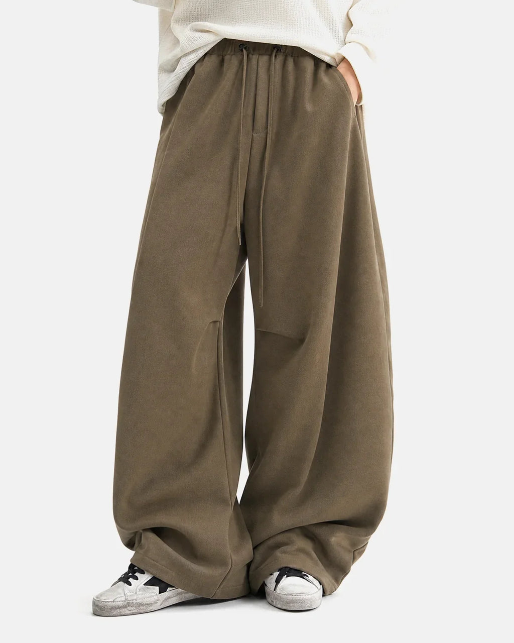 Cotton linen wide-leg pants by INFLATION Streetwear, beige color, relaxed fit, high waist, and flowing fabric.