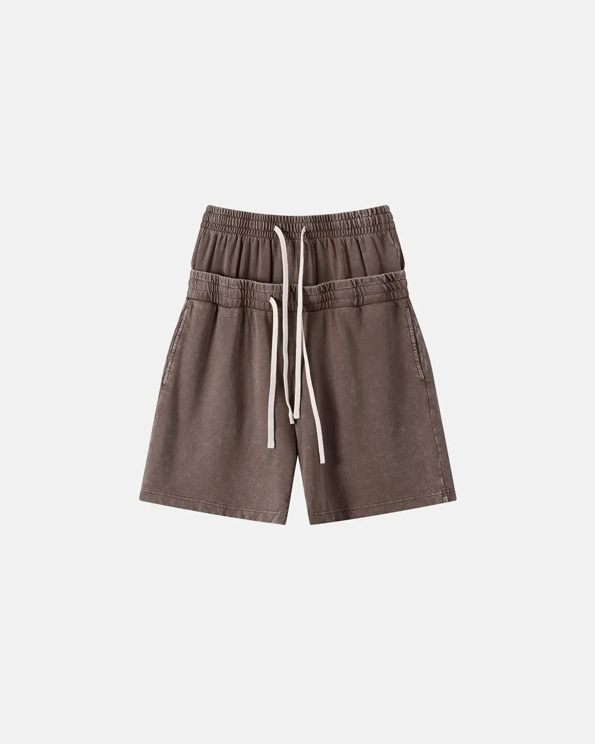 Inflation Double Waist Acid Wash Sweat Shorts showing distressed denim texture and relaxed fit design.