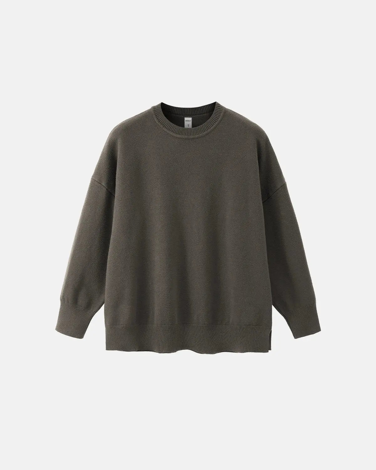 Inflation Streetwear crew neck knit sweater in neutral color, showcasing soft fabric and classic fit on a hanger.
