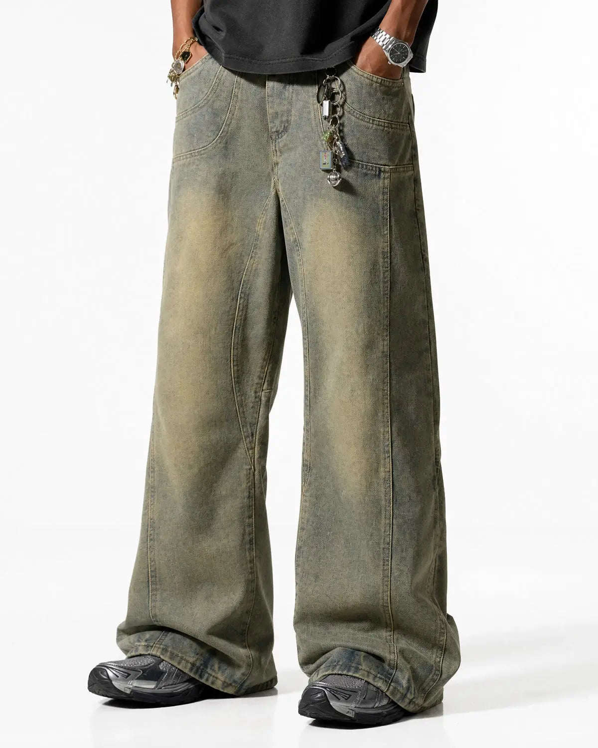 Inflation Streetwear curved panel straight-leg jeans, stylish denim pants with unique panel design, shown on a model.