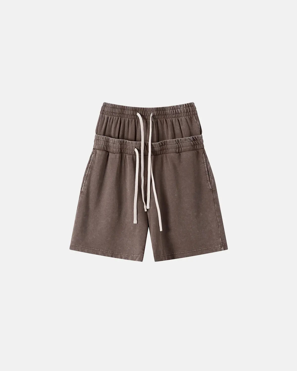 Inflation streetwear double waist acid wash sweat shorts with distressed details and relaxed fit, casual urban style.