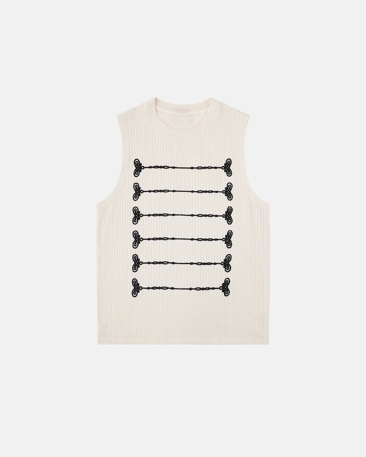 Embroidered Knit Tank Top by INFLATION, stylish streetwear T-shirt with detailed embroidery on soft knit fabric.