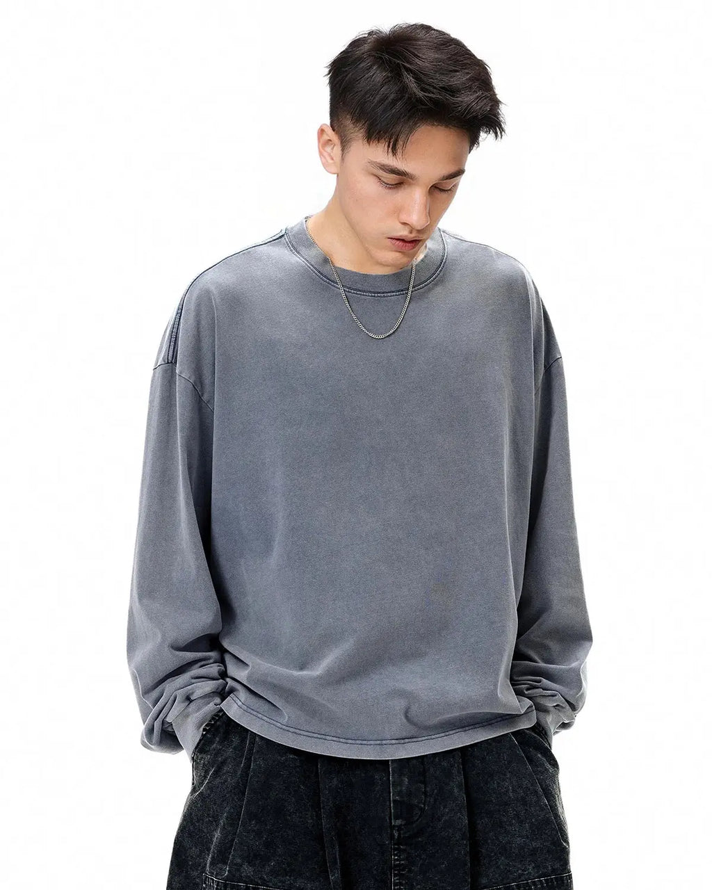 Distressed washed long sleeve tee from Flation Streetwear featuring a relaxed fit and vintage-inspired design.