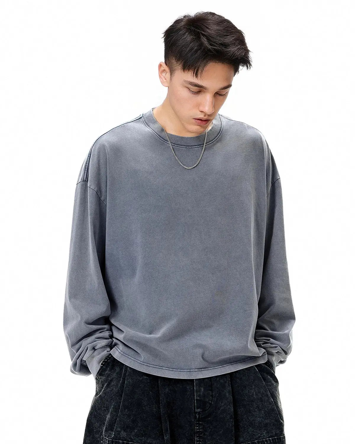Distressed washed long sleeve tee from Flation Streetwear featuring a relaxed fit and vintage-inspired design.