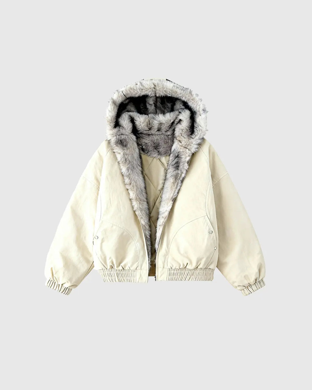 Inflation Streetwear faux fur-lined padded bomber jacket featuring a stylish design and cozy interior, perfect for cold weather.