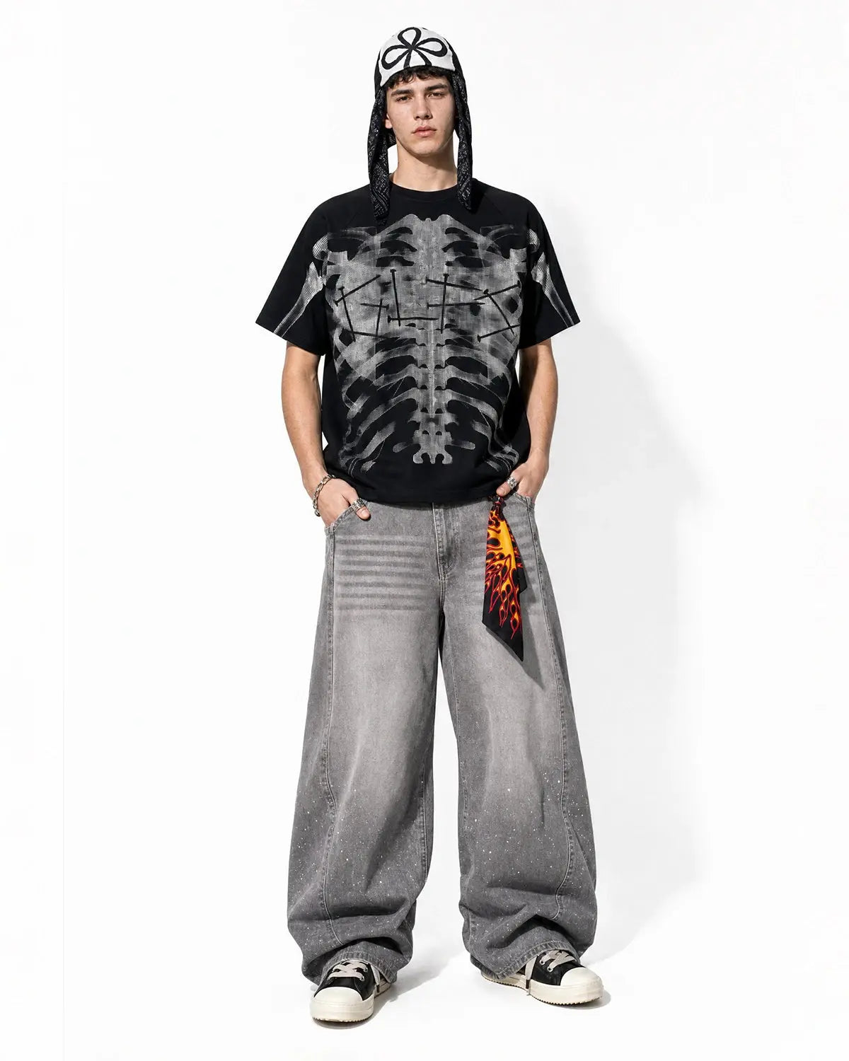 Pink X-ray skeleton print boxy T-shirt by INFLATION featuring a bold skeletal design on soft cotton fabric.