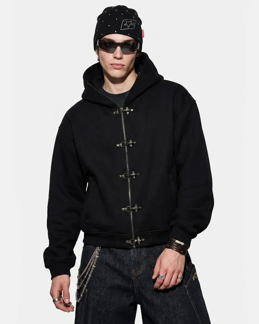 Inflation Streetwear metal clasp boxy zip-up hoodie with front pockets and adjustable hood, black color, casual streetwear style.