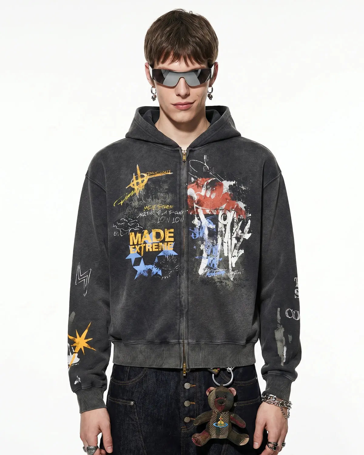 Boxy graffiti zip-up hoodie by INFLATION Streetwear, featuring bold graffiti designs and a modern, oversized fit.