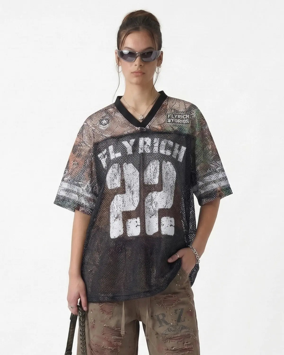 Inflation Streetwear camo mesh digital print jersey tee featuring a camouflage pattern and breathable fabric.
