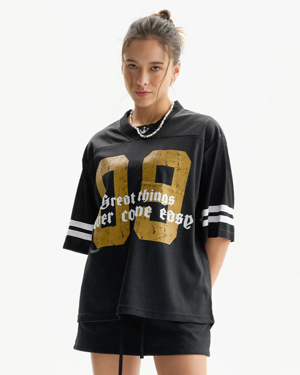 Inflation Satin Patchwork Mesh Jersey featuring colorful patchwork design and lightweight mesh fabric for stylish streetwear.