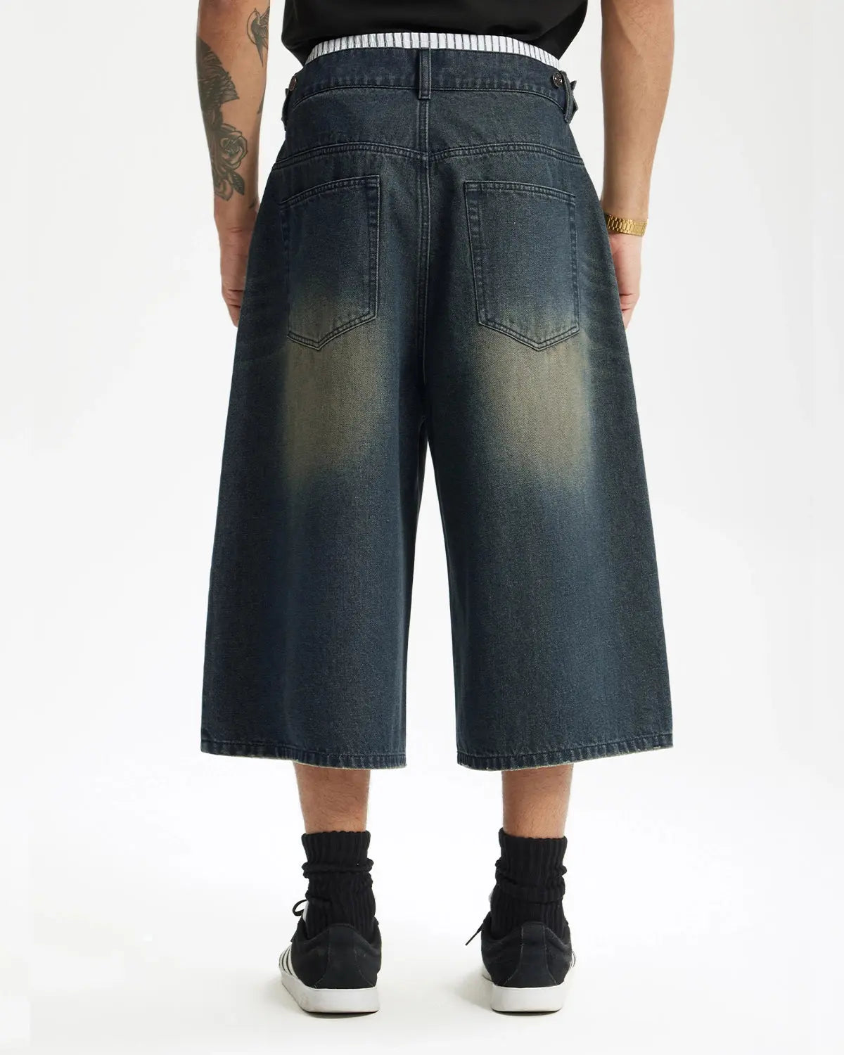 Inflation Double Waist Baggy Jorts in denim, relaxed fit streetwear shorts with double waist design and distressed details.
