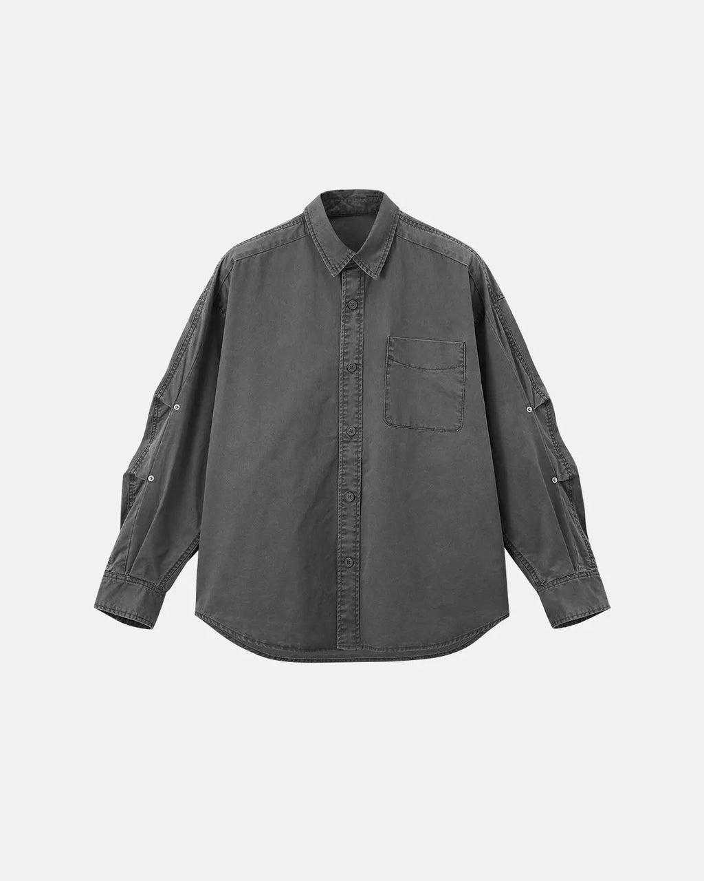 Acid wash cargo shirt jacket by Flation, featuring a rugged streetwear style with multiple pockets and a relaxed fit.