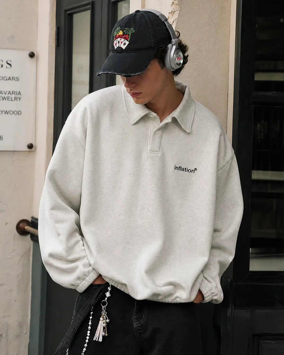Flation Brand Quarter Polo Sweatshirt in neutral color, featuring a classic collar and relaxed streetwear style.