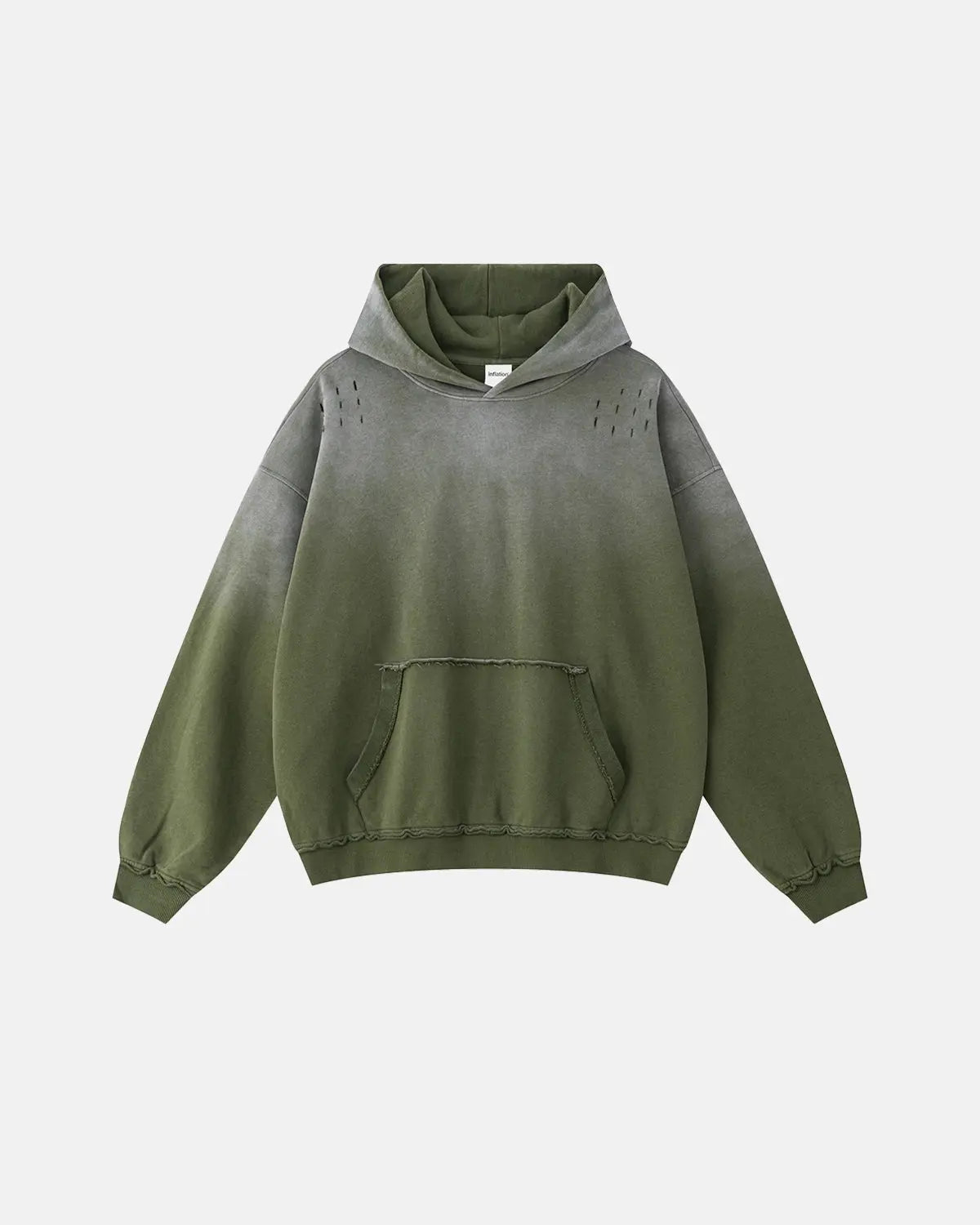 Inflation Streetwear Monkey Wash Ripped Hoodie featuring distressed fabric and casual fit, displayed on a hanger against a plain background.