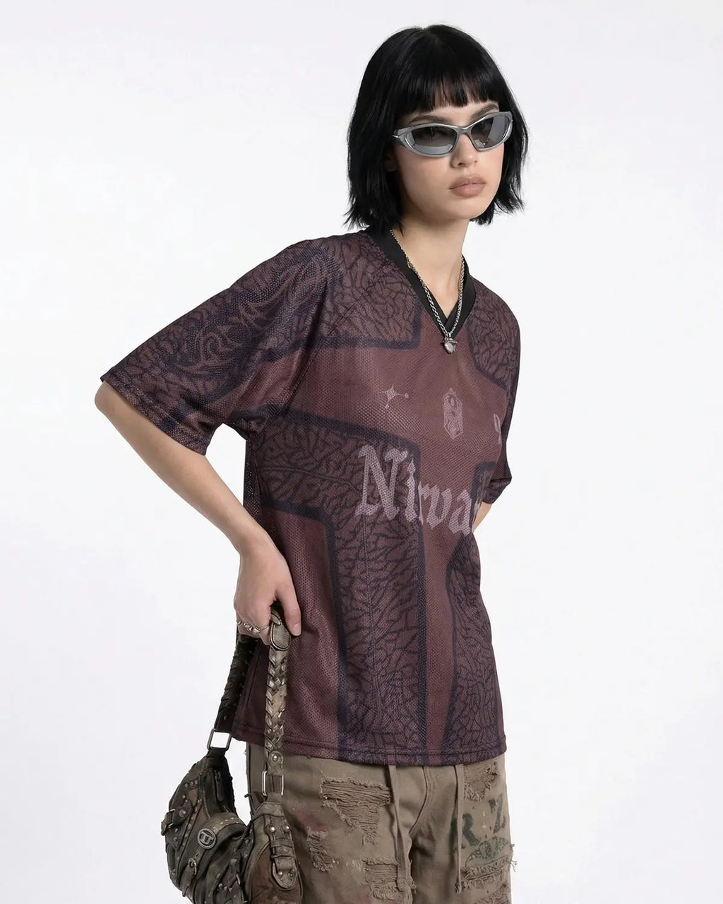 Inflation Streetwear tribal pattern mesh jersey t-shirt with bold geometric design and breathable fabric, front view.