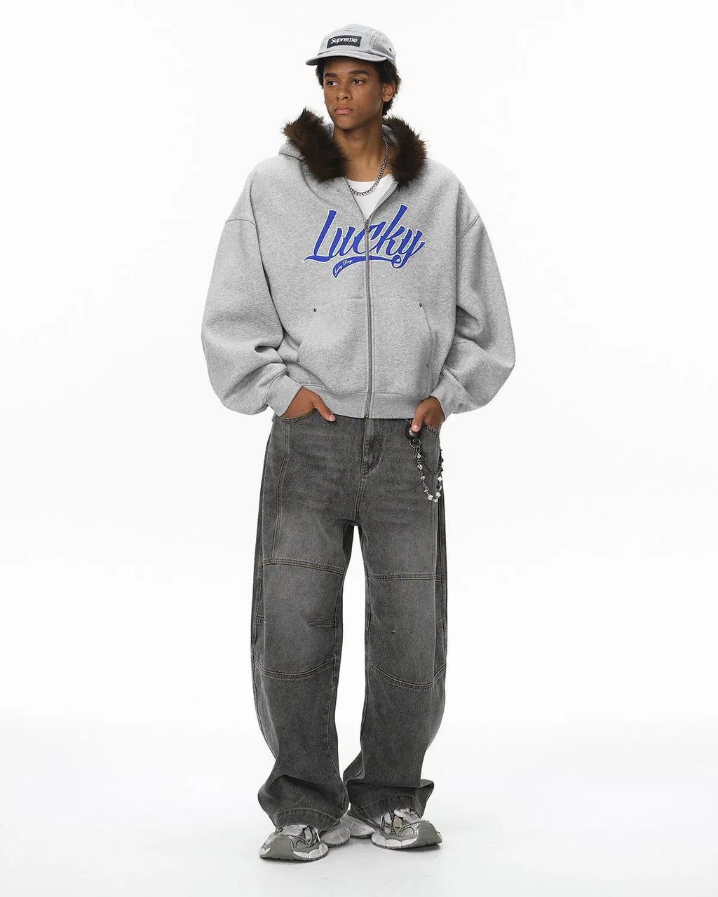 Inflation Streetwear faux fur collar zip-up hoodie jacket featuring a cozy fur-lined collar and casual fit, shown on a model.