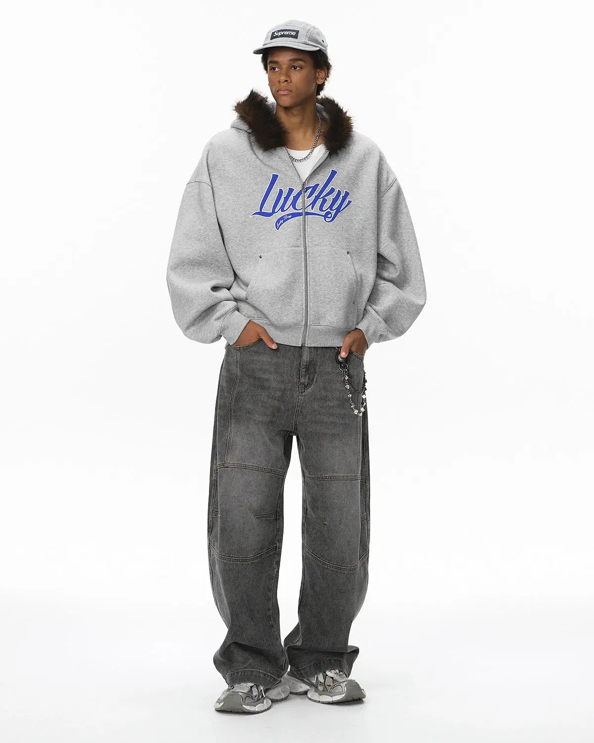 Inflation Streetwear faux fur collar zip-up hoodie jacket featuring a cozy fur-lined collar and casual fit, shown on a model.