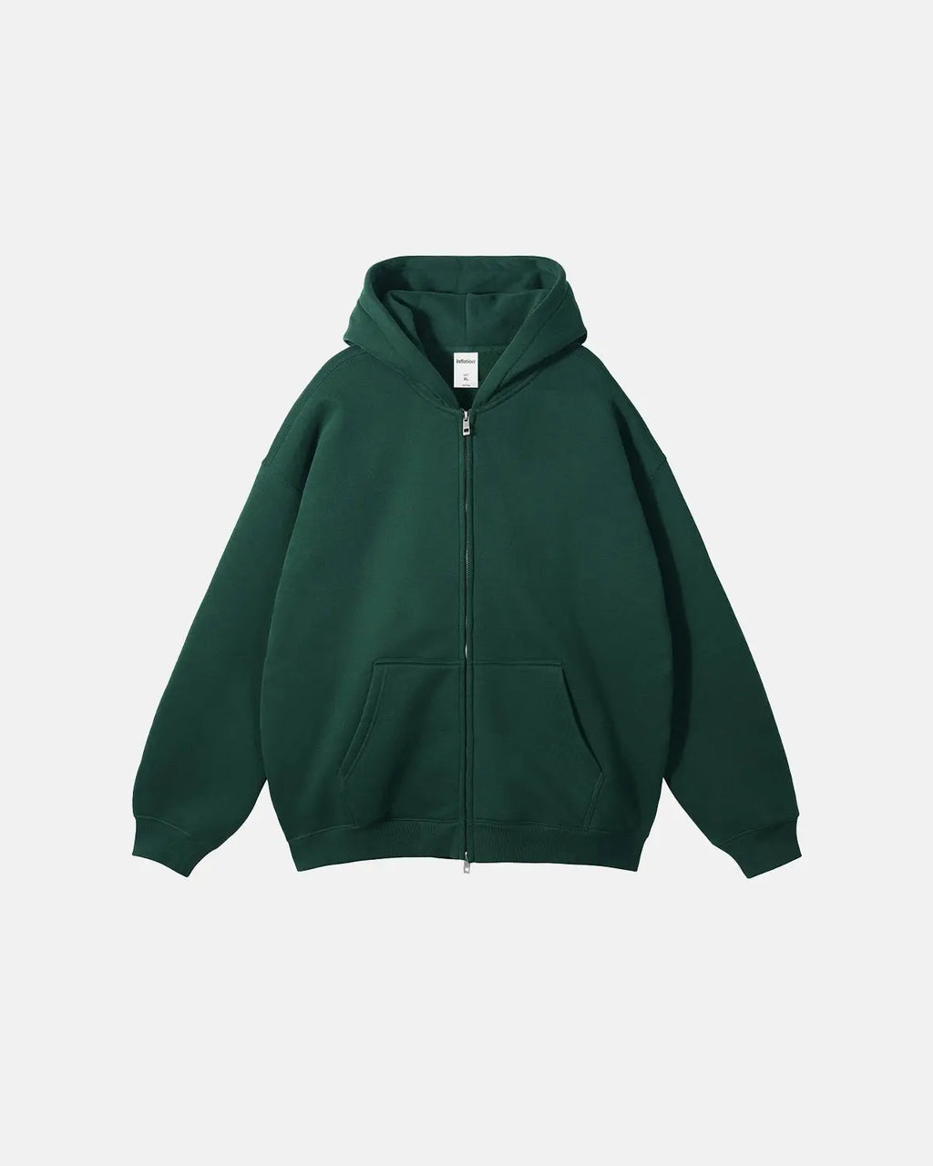 Flation fleece double zip-up hoodie jacket with hood, front pockets, and zip closures, in a casual streetwear style.