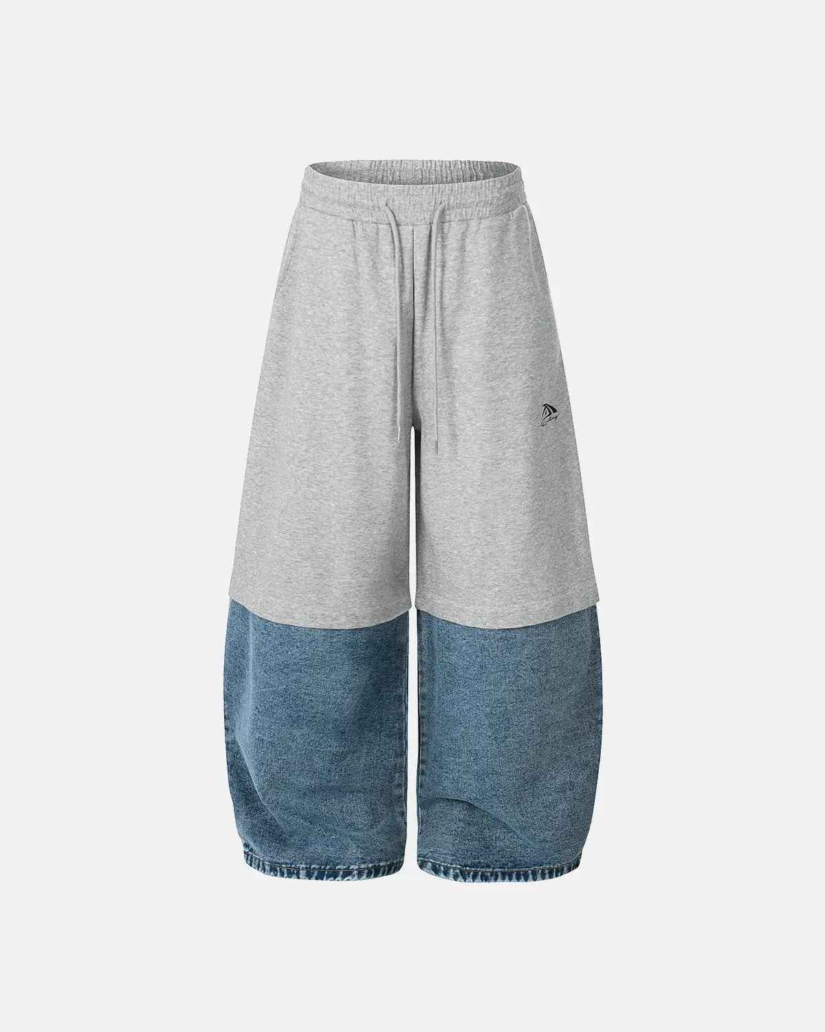Denim detachable patchwork barrel joggers from Inflation Streetwear featuring stylish patchwork design and relaxed fit.