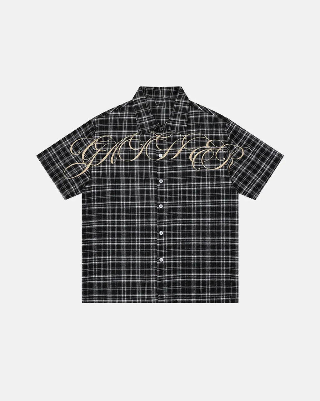 Inflation Streetwear lettering embroidery plaid shirt with bold text design and casual fit, showcasing the stylish fabric pattern.