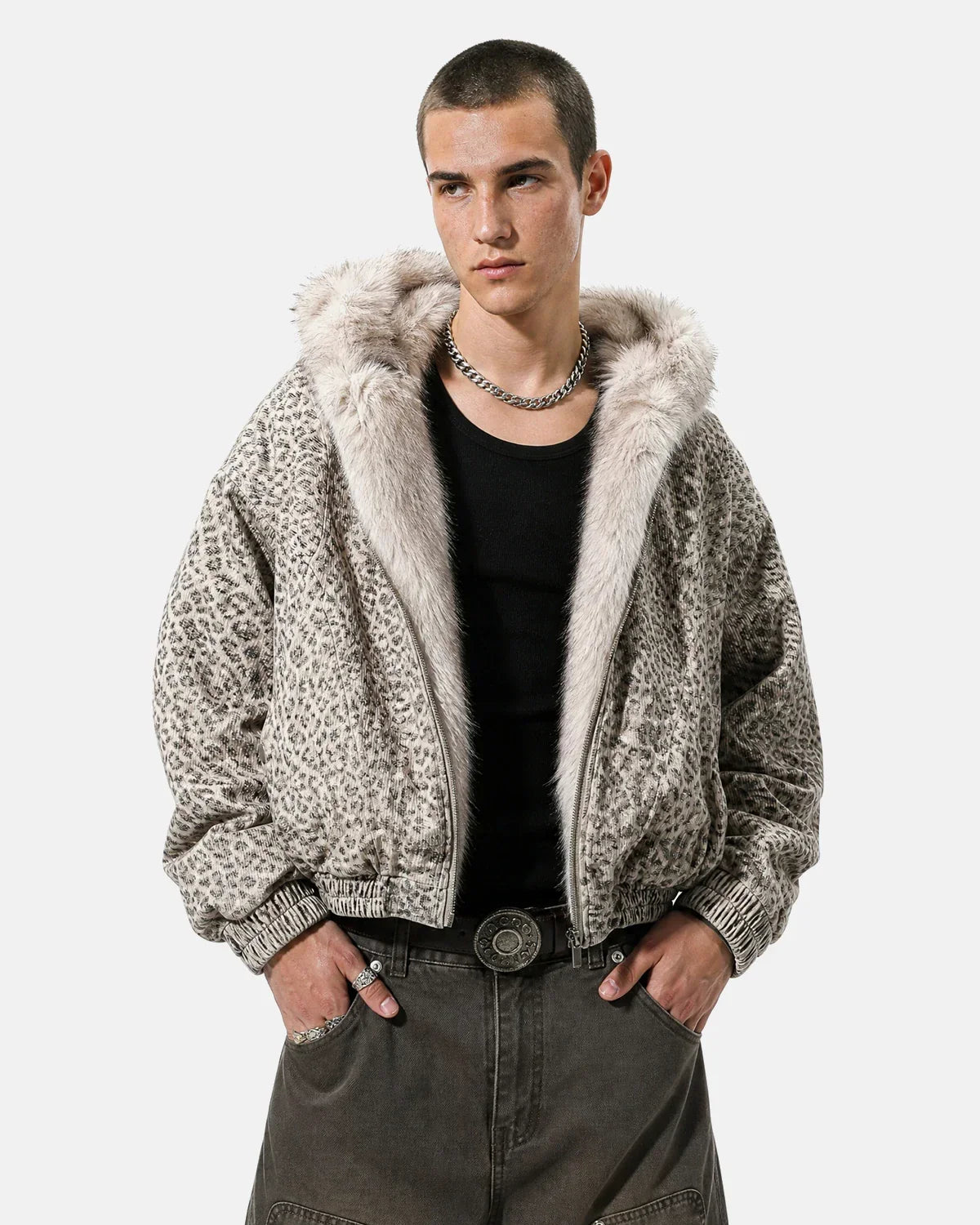 Leopard faux fur-lined bomber jacket from INFLATION Streetwear, featuring a stylish leopard print exterior and cozy fur lining.