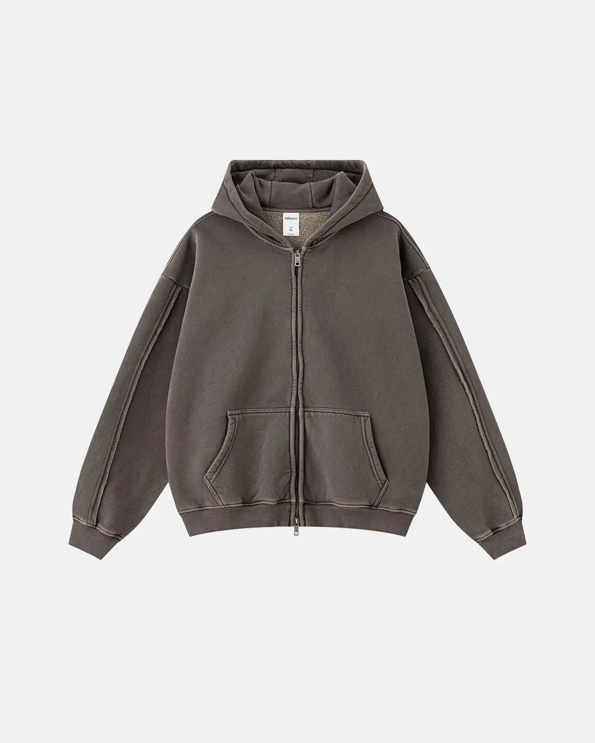 Washed raw edge boxy zip-up hoodie by INFLATION Streetwear, featuring a casual fit and distressed raw hem details.