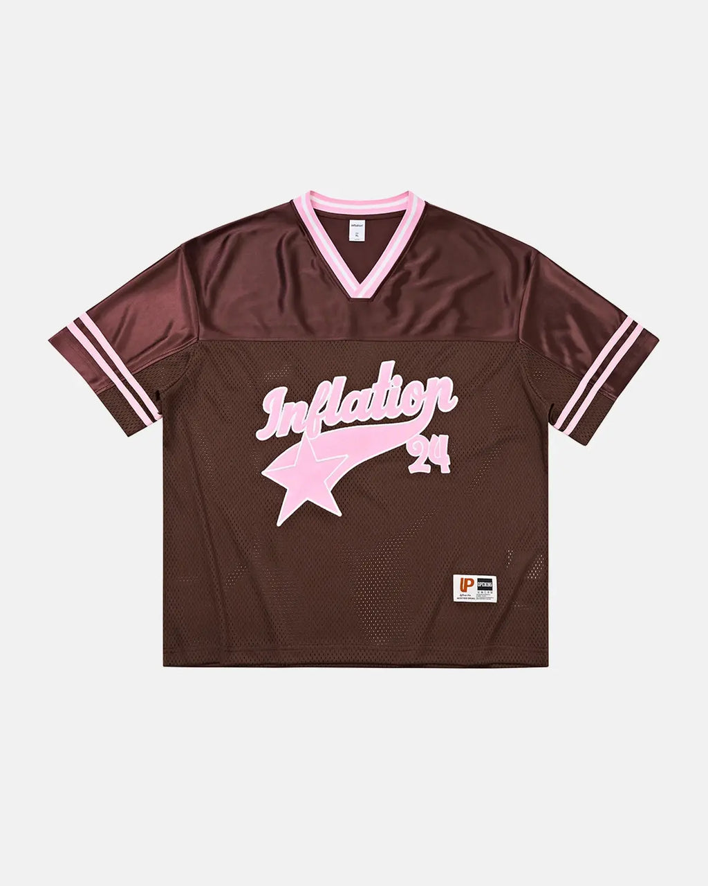 Inflation Streetwear mesh patchwork printing jersey, featuring breathable fabric with colorful patchwork design and sporty style.