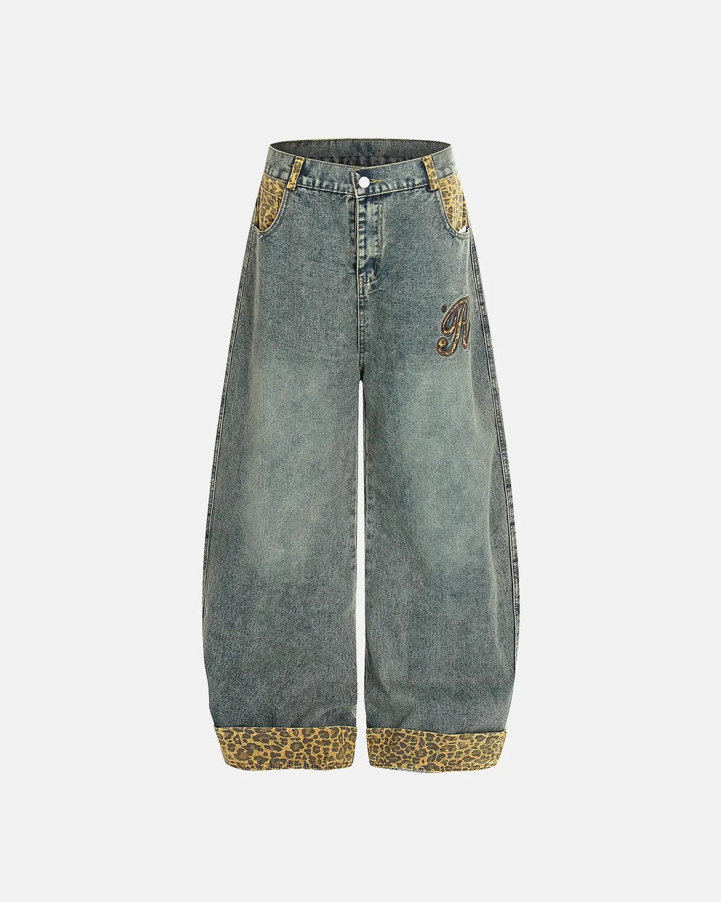 Leopard patchwork embroidery baggy jeans by INFLATION featuring distressed details and relaxed streetwear style.