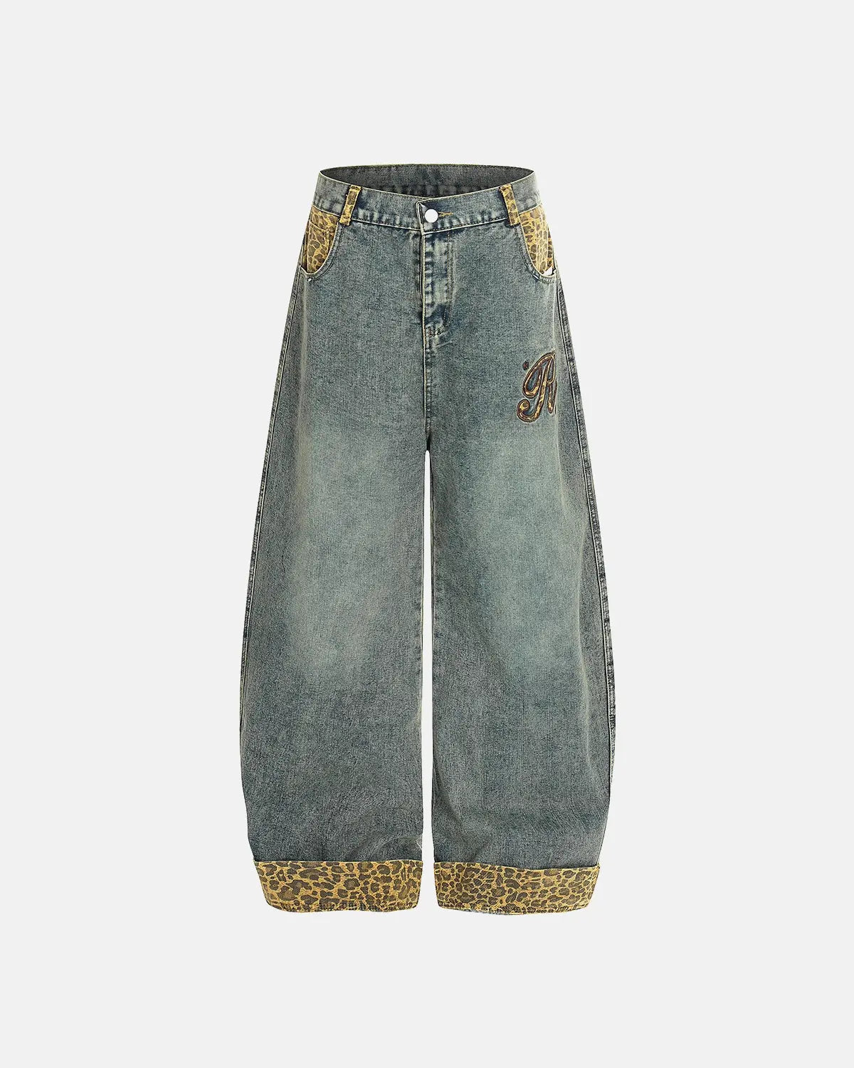 Leopard patchwork embroidery baggy jeans by INFLATION featuring distressed details and relaxed streetwear style.