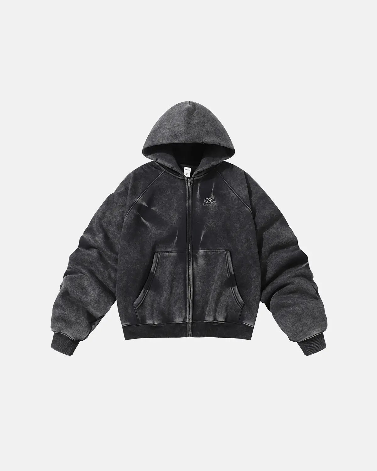 Acid washed embroidery zip-up hoodie from INFLATION Streetwear with front zipper, embroidered details, and a relaxed fit.