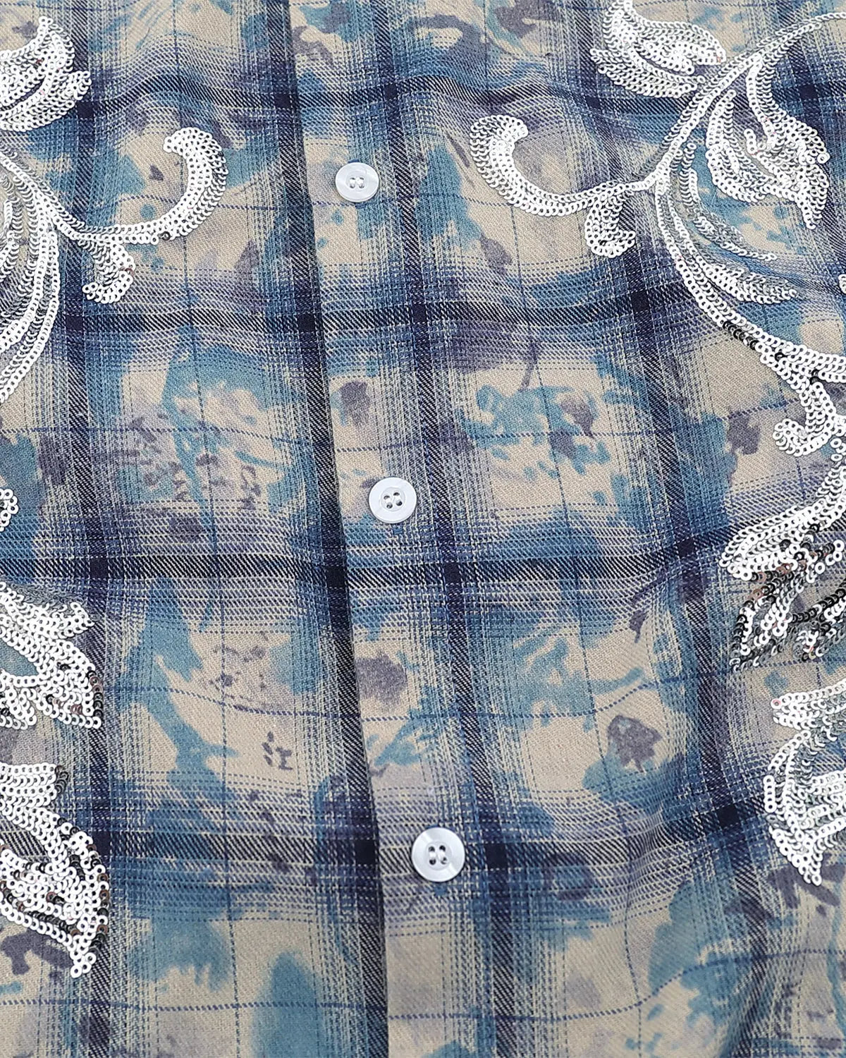 Inflation Streetwear tie-dye plaid sequin short-sleeve shirt with vibrant colors and metallic accents, casual streetwear style.
