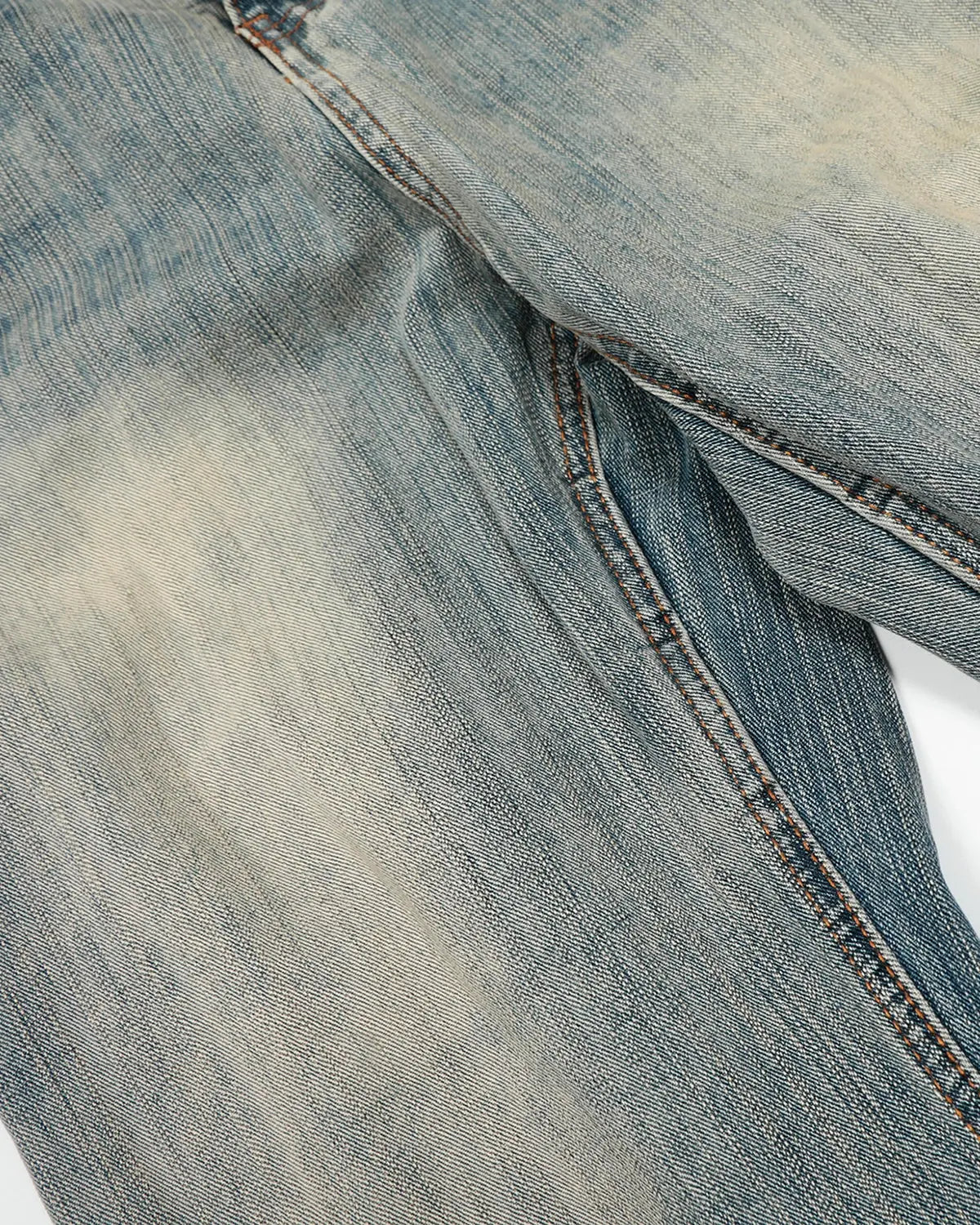 Washed bamboo weave baggy bootcut jeans by Flation featuring relaxed fit, light wash denim, and casual streetwear style.