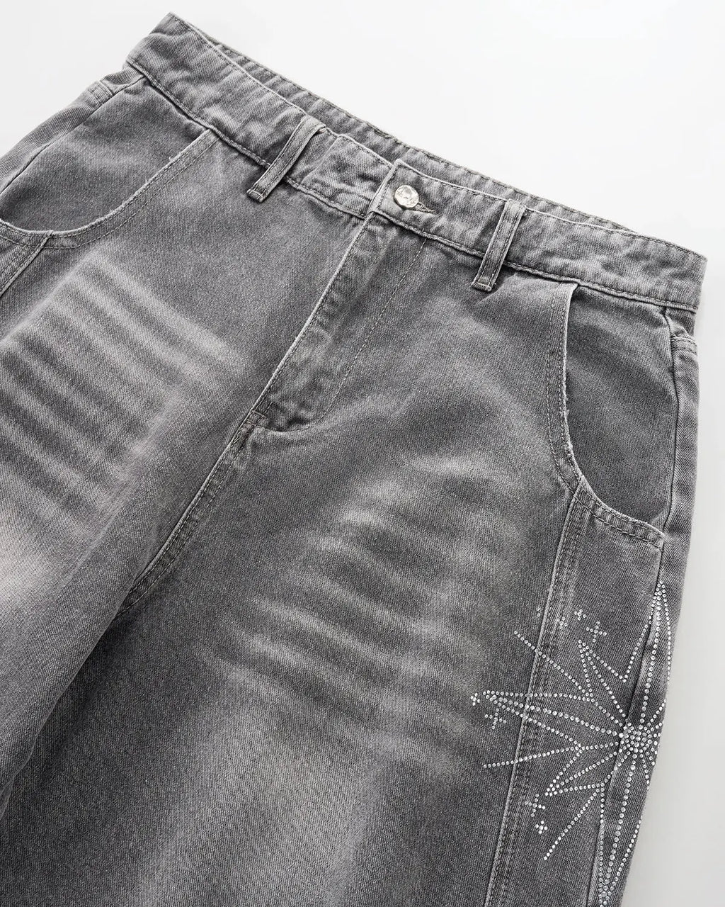 Flation streetwear jeans featuring star graphic rhinestones on barrel baggy pants with relaxed fit and stylish design.
