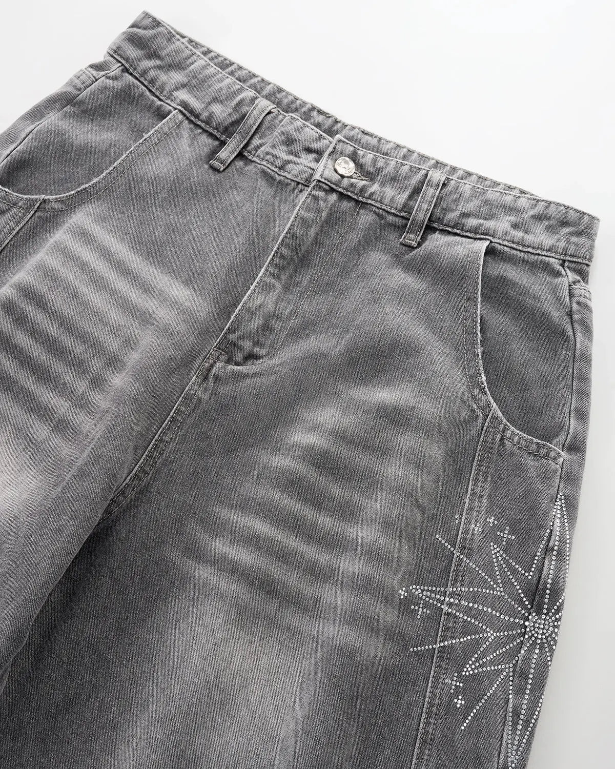 Flation streetwear jeans featuring star graphic rhinestones on barrel baggy pants with relaxed fit and stylish design.