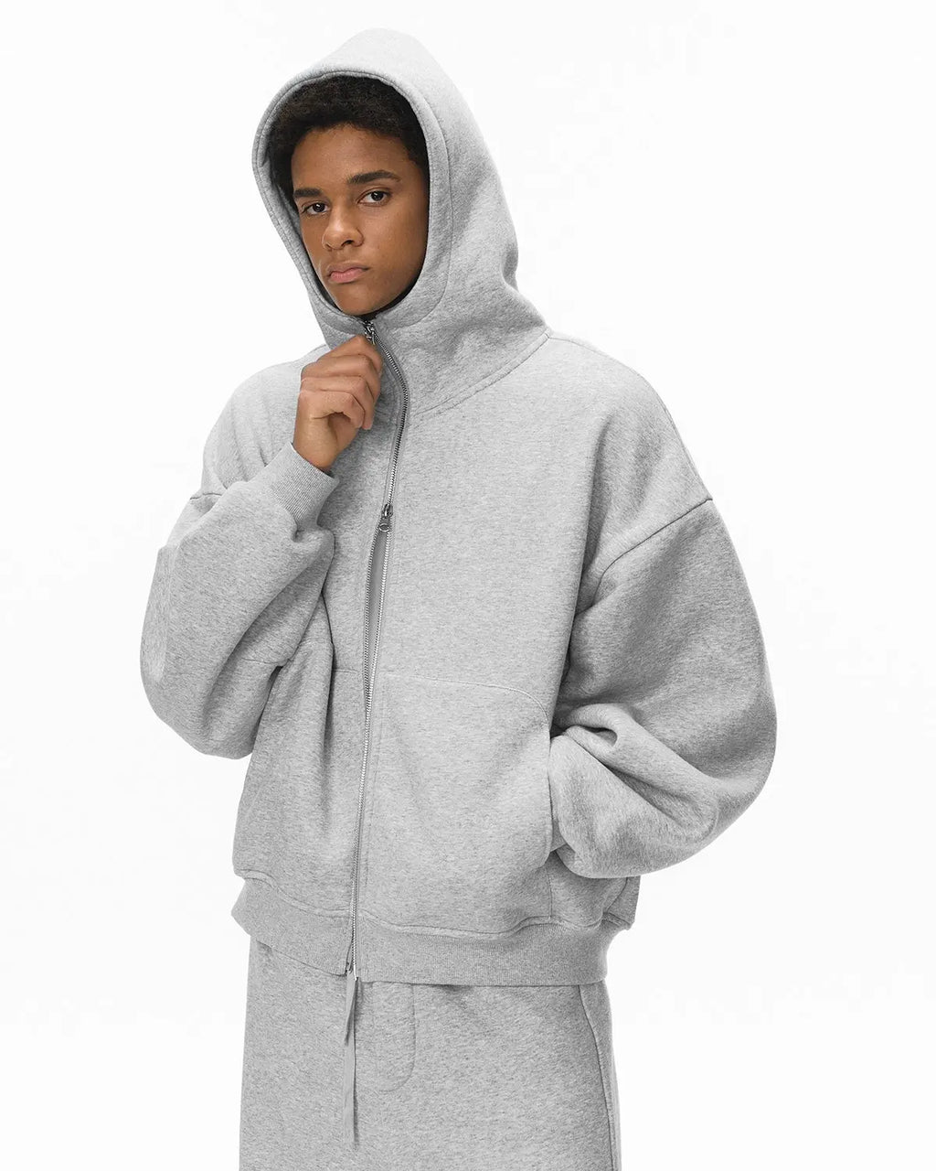 Inflation Streetwear high collar fleece double zip-up hoodie with front pockets and branding, displayed on a mannequin.
