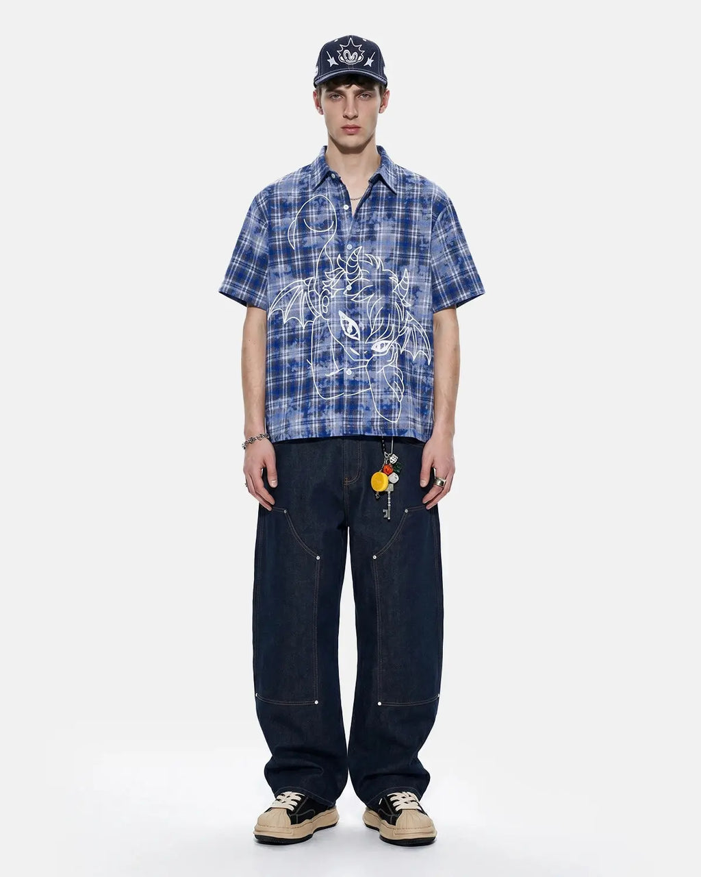 Inflation Streetwear devil embroidered plaid shirt with detailed embroidery and classic plaid pattern, casual streetwear style.