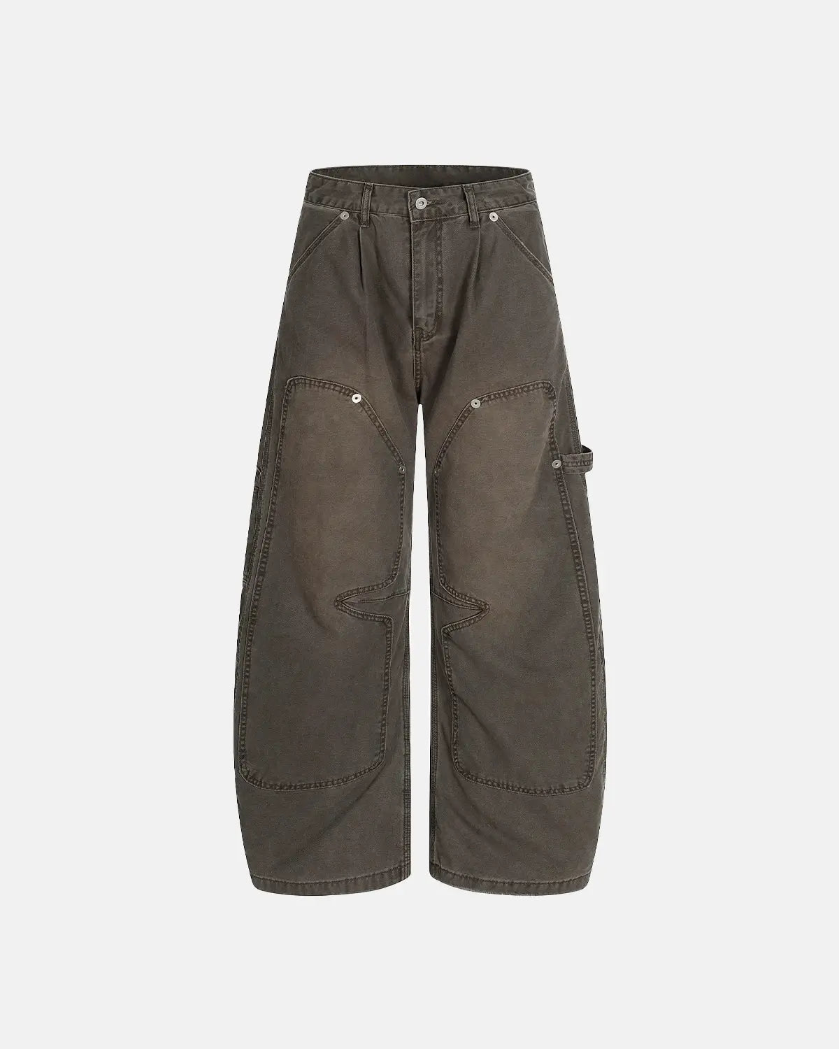 Washed barrel cargo pants by INFLATION featuring a relaxed fit, multiple pockets, and streetwear style in a faded denim look.