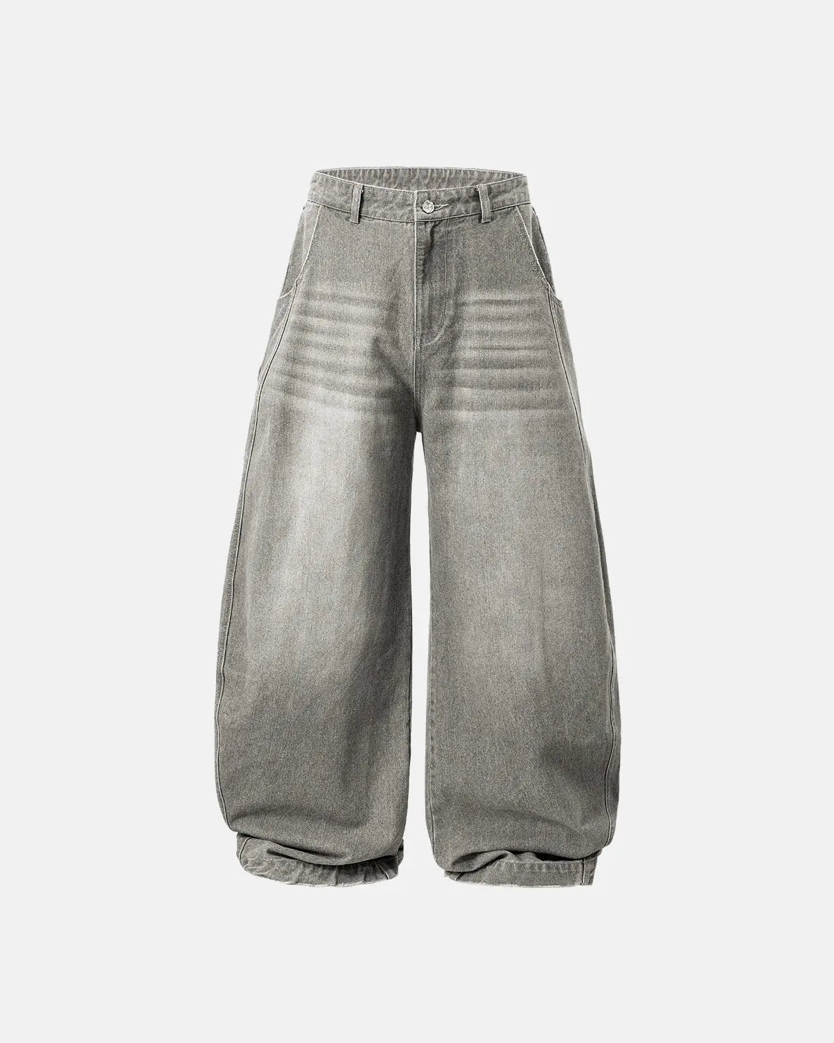 Inflation washed barrel baggy jeans, relaxed fit pants with a faded denim look, styled with a casual, oversized silhouette.