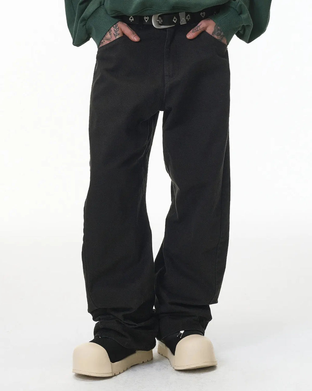 Flation Stitching Flare Baggy Jeans with distressed details, high waist, and relaxed fit, styled as streetwear casual wear.