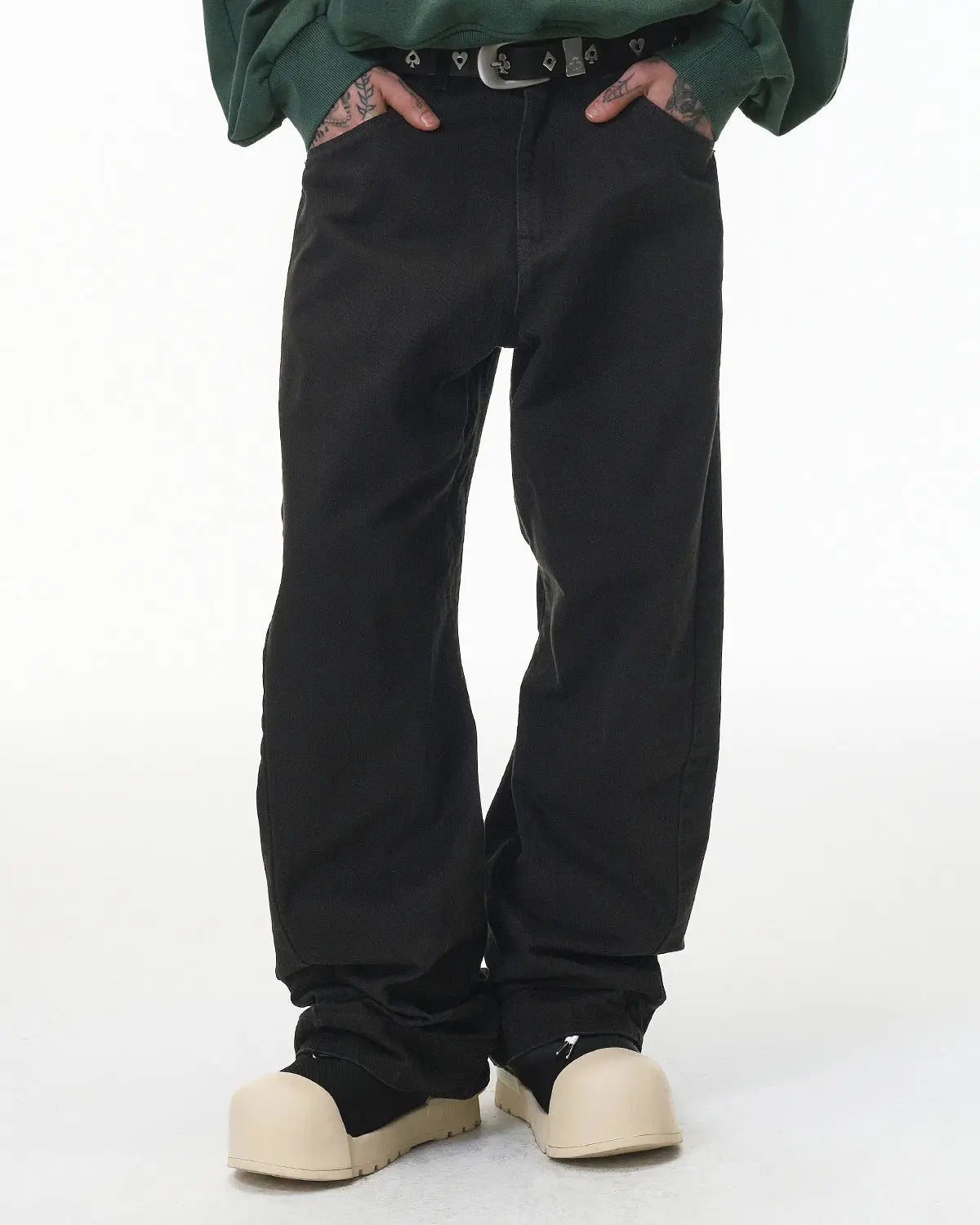 Flation Stitching Flare Baggy Jeans with distressed details, high waist, and relaxed fit, styled as streetwear casual wear.