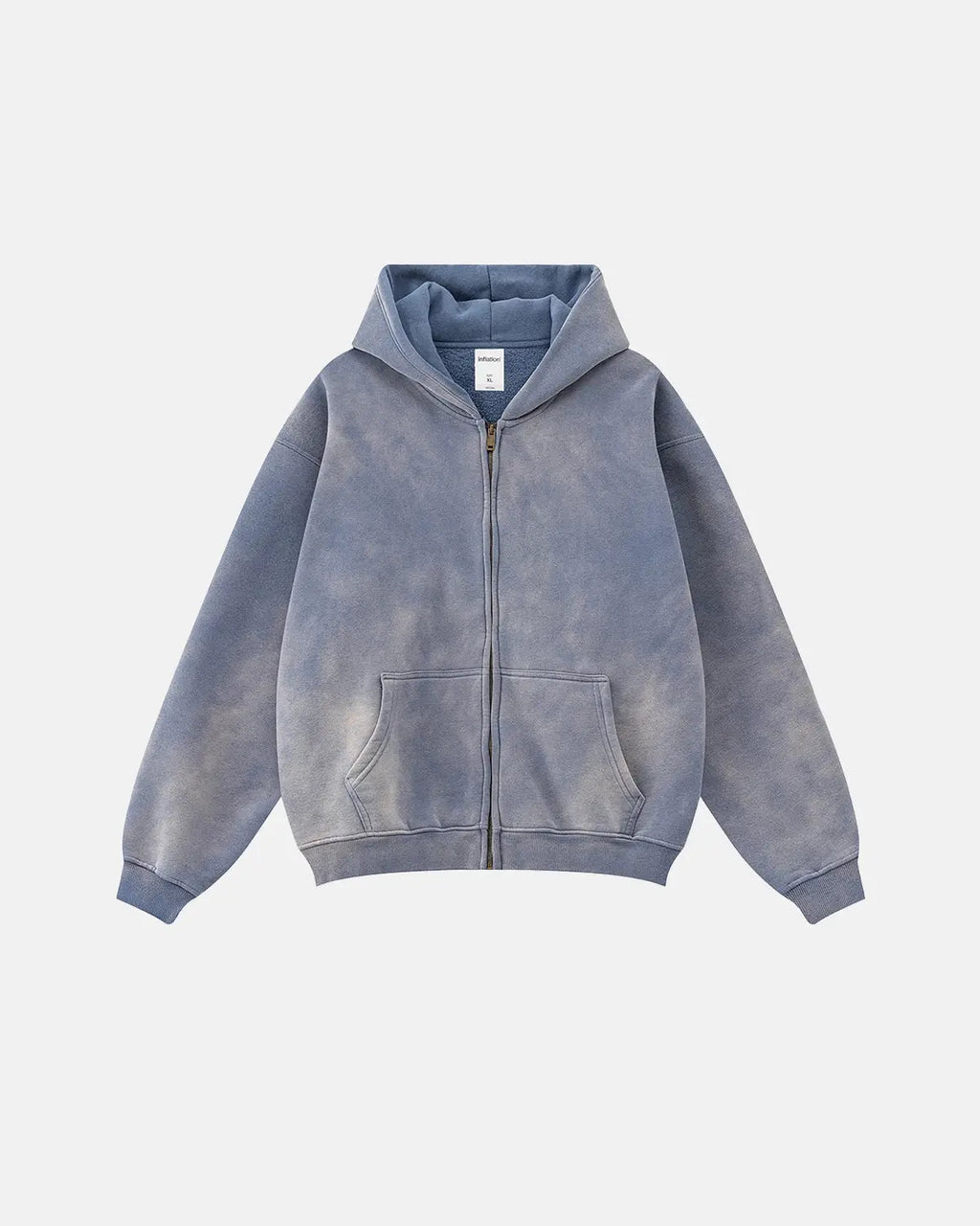Flation acid washed zip-up hoodie featuring a streetwear style with a relaxed fit and casual design.
