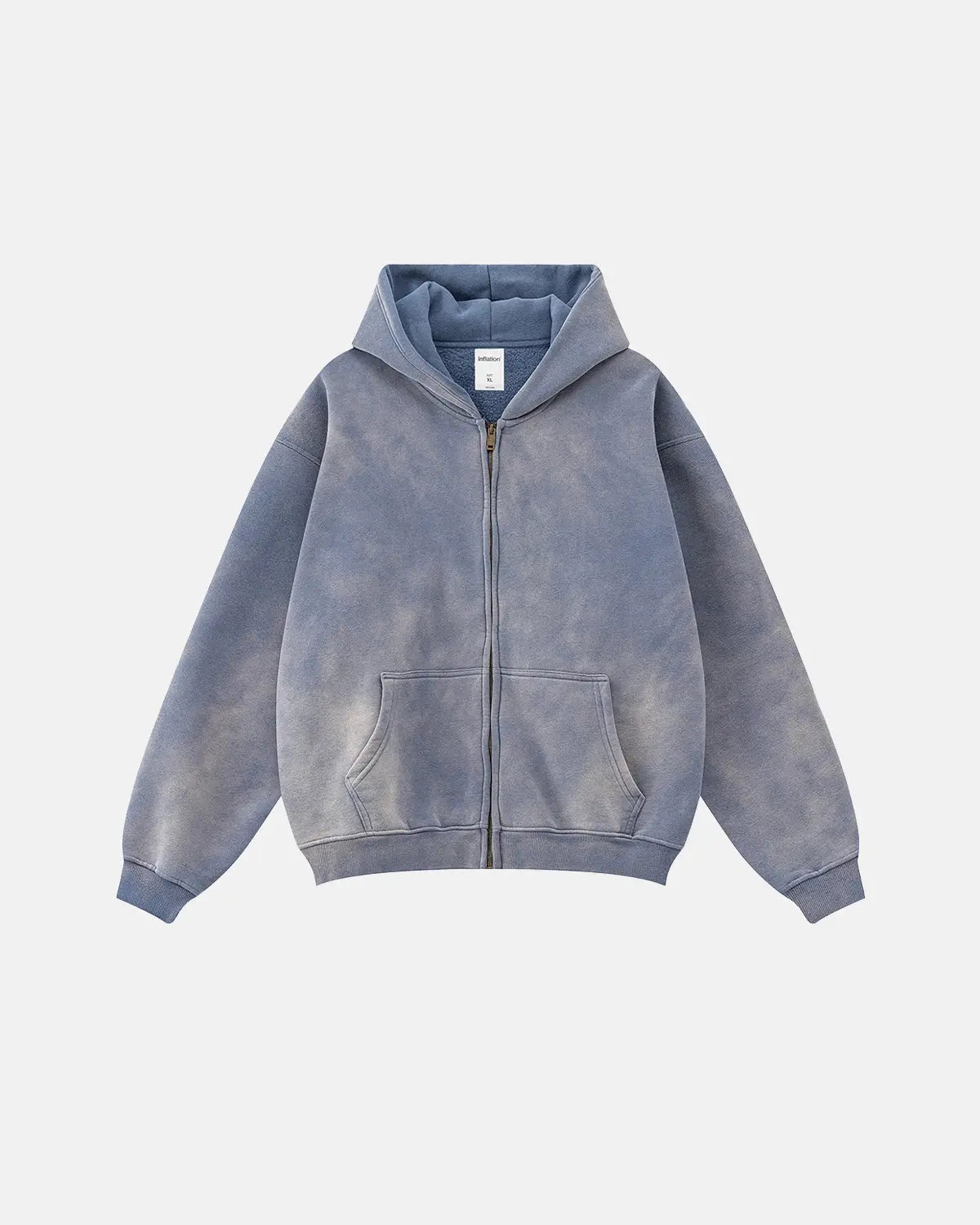 Flation acid washed zip-up hoodie featuring a streetwear style with a relaxed fit and casual design.
