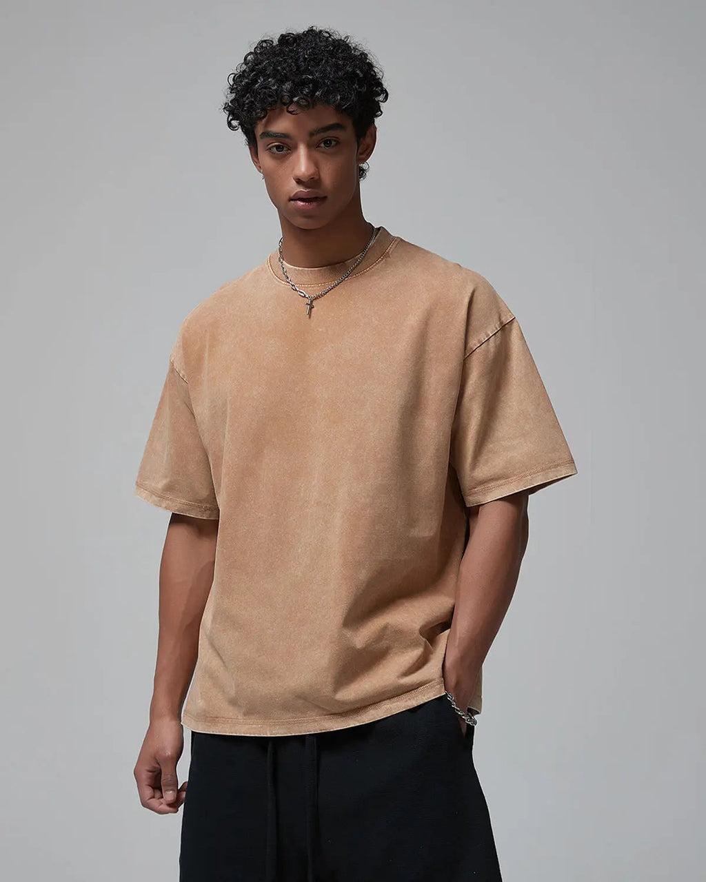 Wax washed mock neck T-shirt by INFLATION, streetwear style, shown in natural fabric texture and relaxed fit.